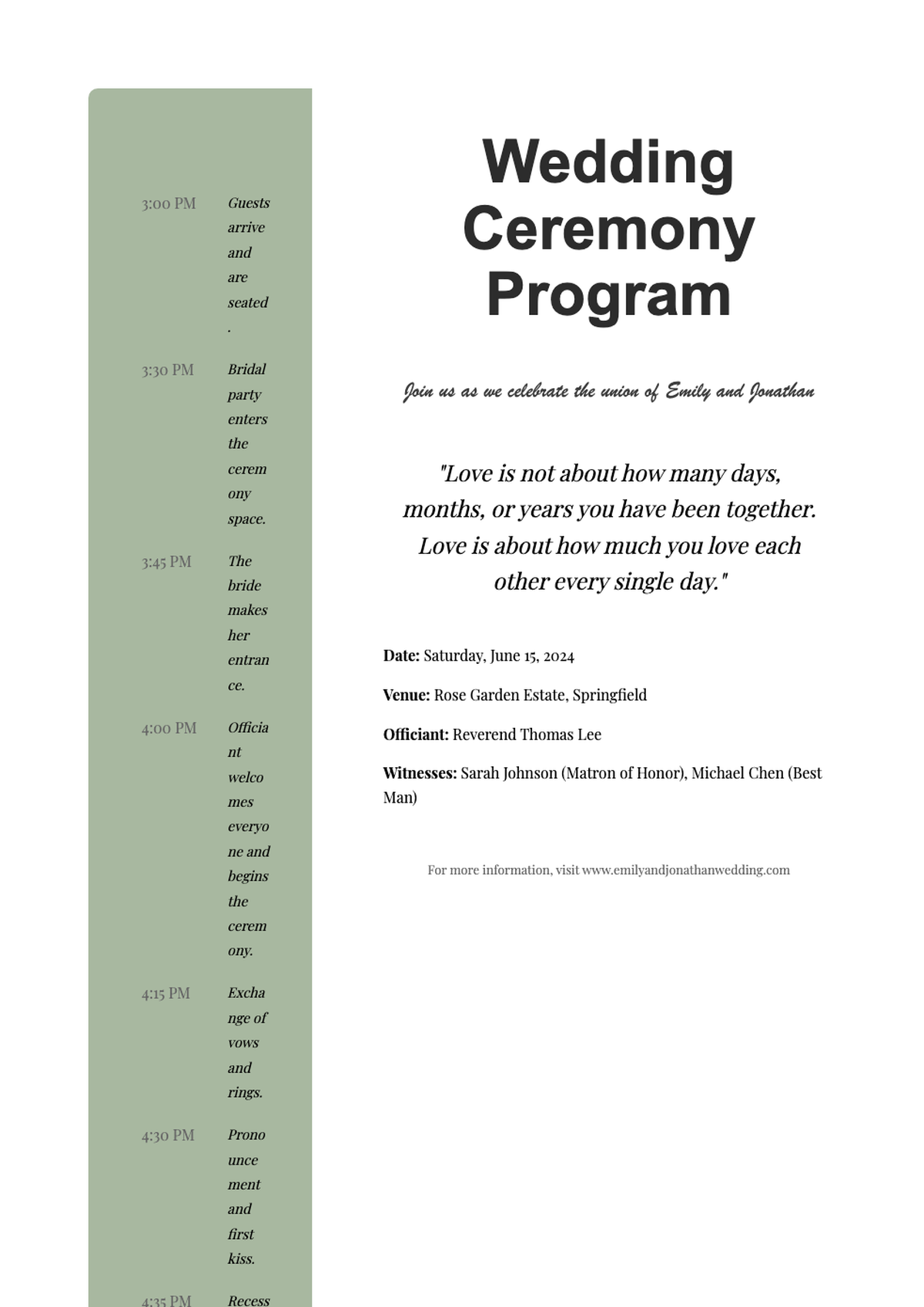 Elegant wedding program template with floral design and timeline schedule_variant_1